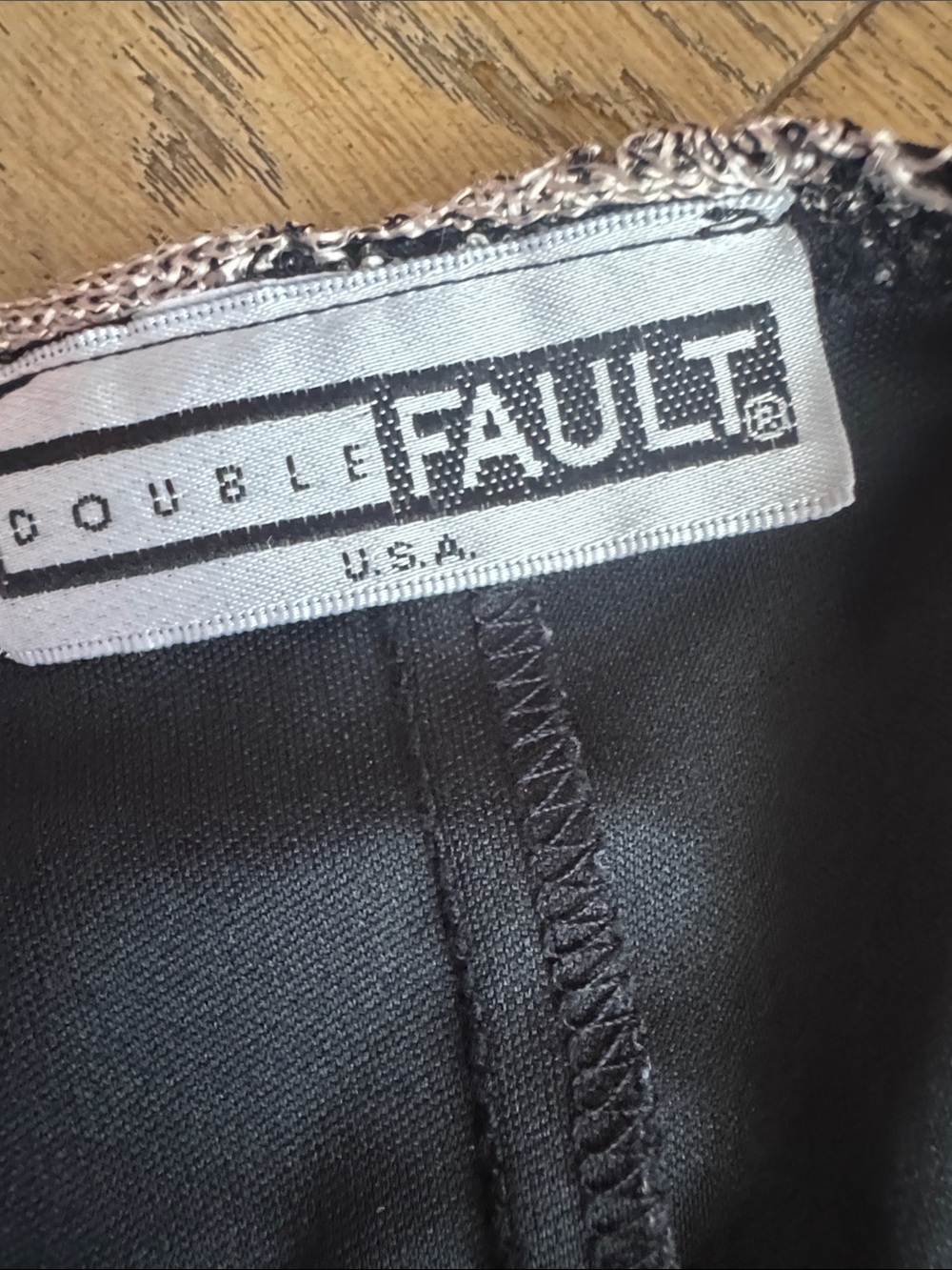 1990 Double Fault sleeveless taupe black mini dress diagonal lace fringe hem - Picture 7 of 8